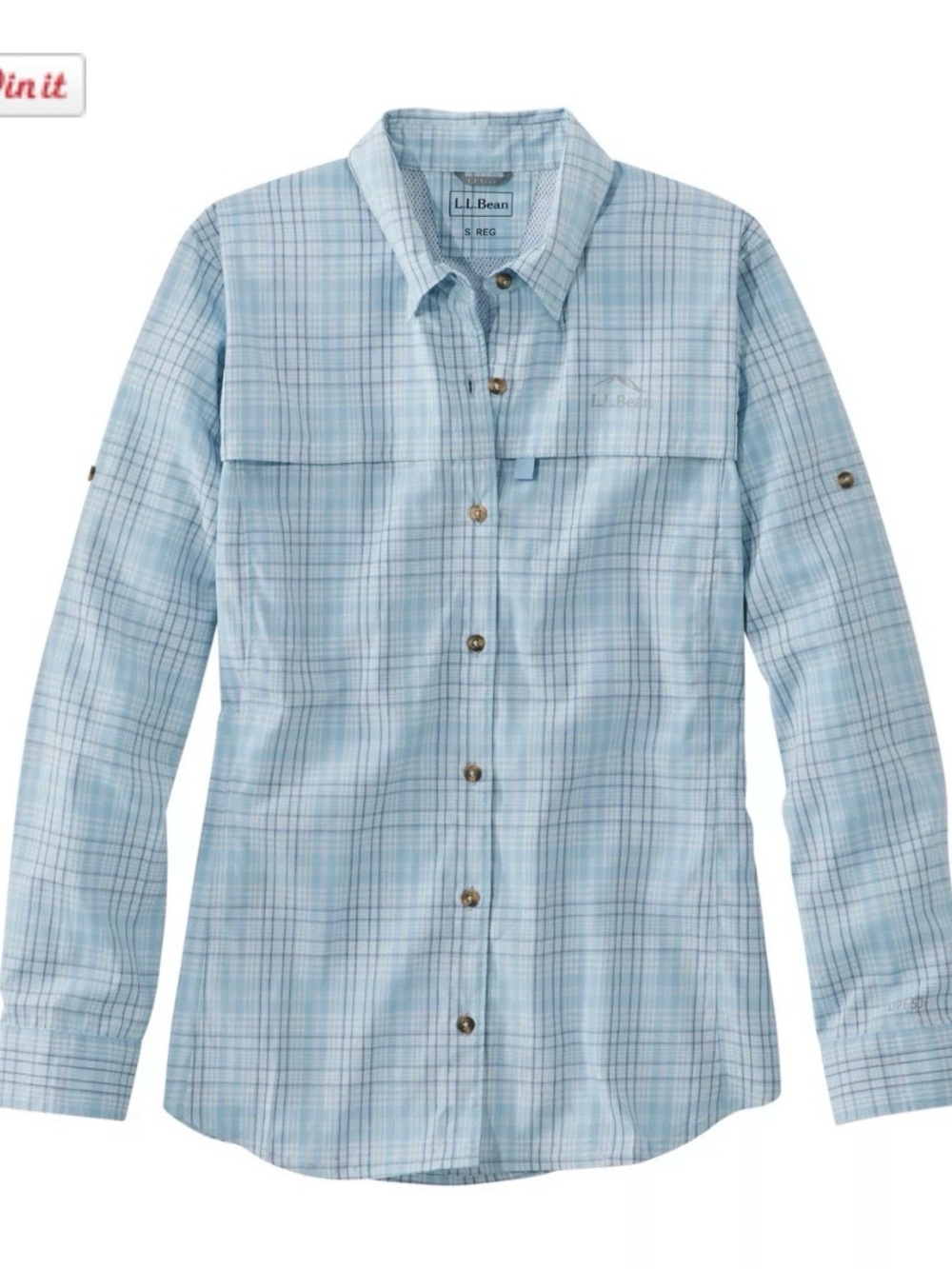 LL Bean Tropicwear UPF 50+ Plaid Long Sleeve Shirt in Surf Blue